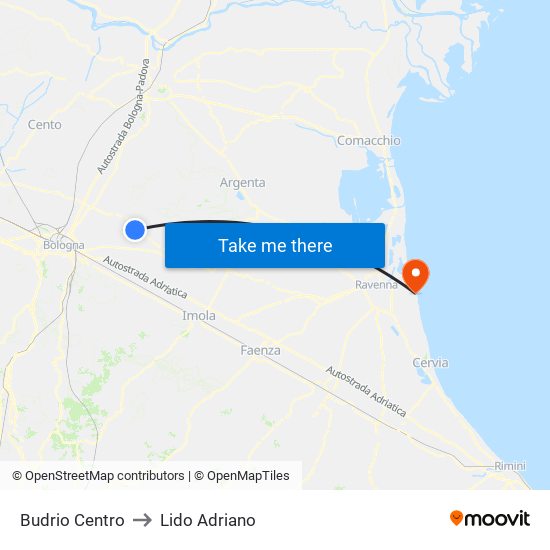 Budrio Centro to Lido Adriano map