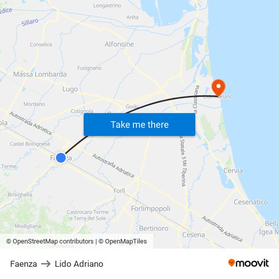 Faenza to Lido Adriano map