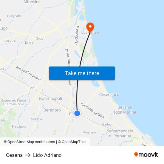 Cesena to Lido Adriano map