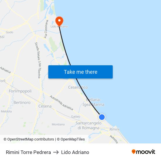 Rimini Torre Pedrera to Lido Adriano map