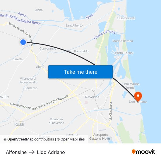 Alfonsine to Lido Adriano map