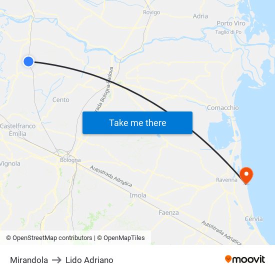 Mirandola to Lido Adriano map