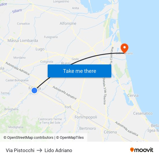 Via Pistocchi to Lido Adriano map