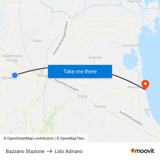 Bazzano Stazione to Lido Adriano map