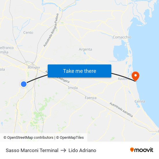 Sasso Marconi Terminal to Lido Adriano map