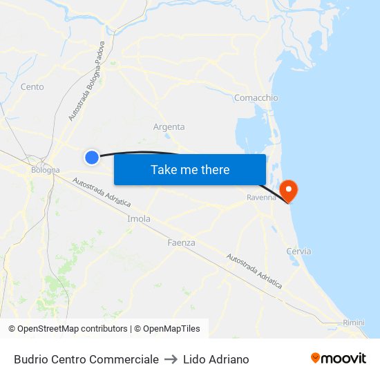 Budrio Centro Commerciale to Lido Adriano map