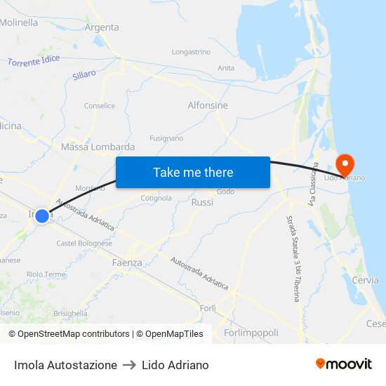 Imola Autostazione to Lido Adriano map