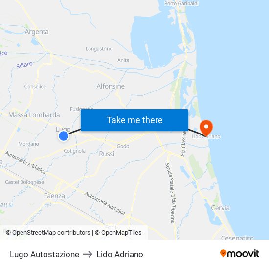 Lugo Autostazione to Lido Adriano map