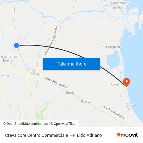 Crevalcore Centro Commerciale to Lido Adriano map
