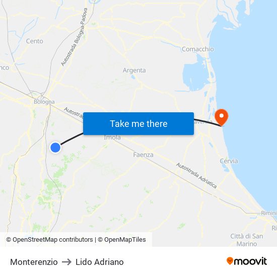 Monterenzio to Lido Adriano map