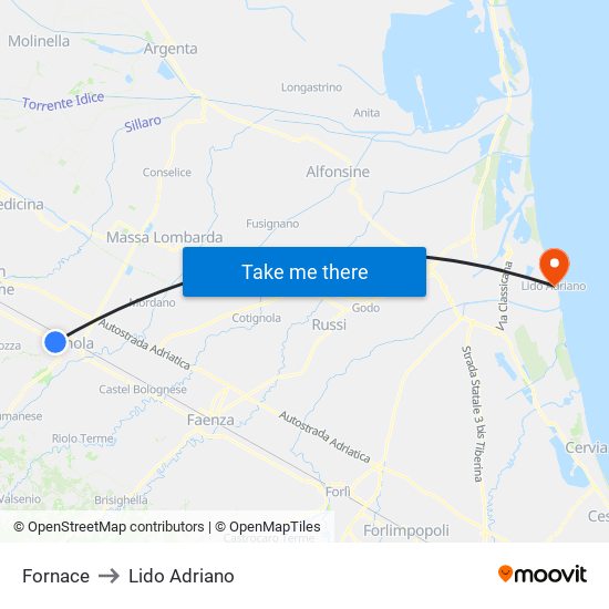 Fornace to Lido Adriano map