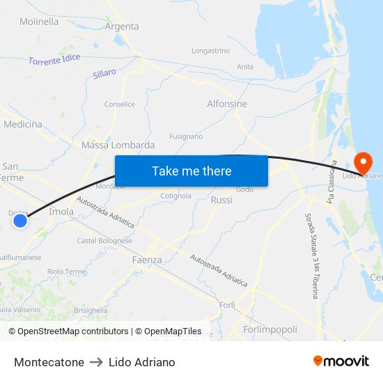 Montecatone to Lido Adriano map