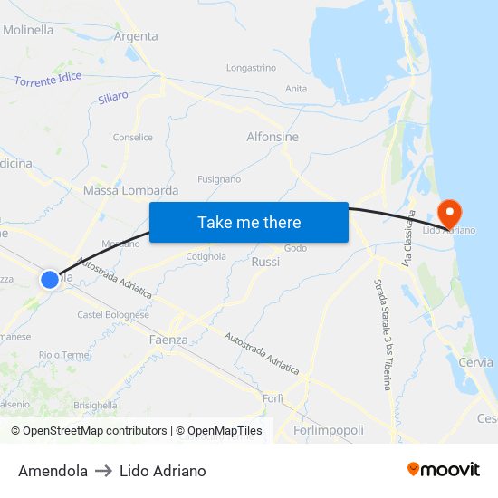 Amendola to Lido Adriano map