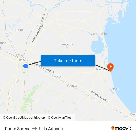 Ponte Savena to Lido Adriano map