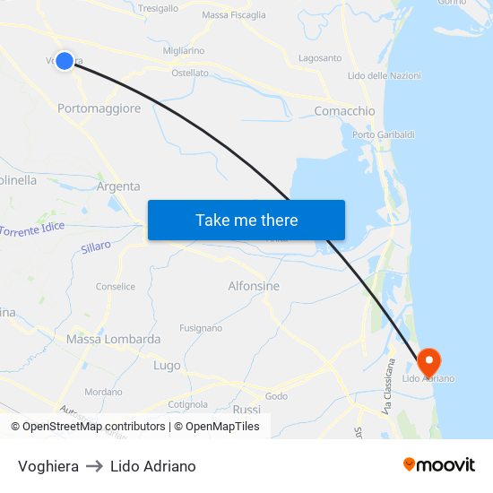 Voghiera to Lido Adriano map