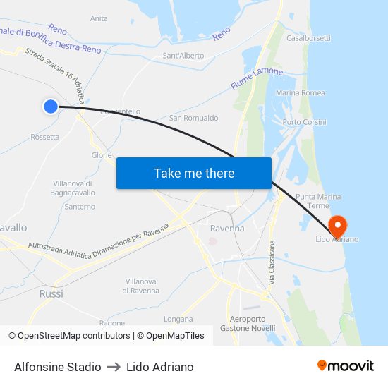 Alfonsine Stadio to Lido Adriano map