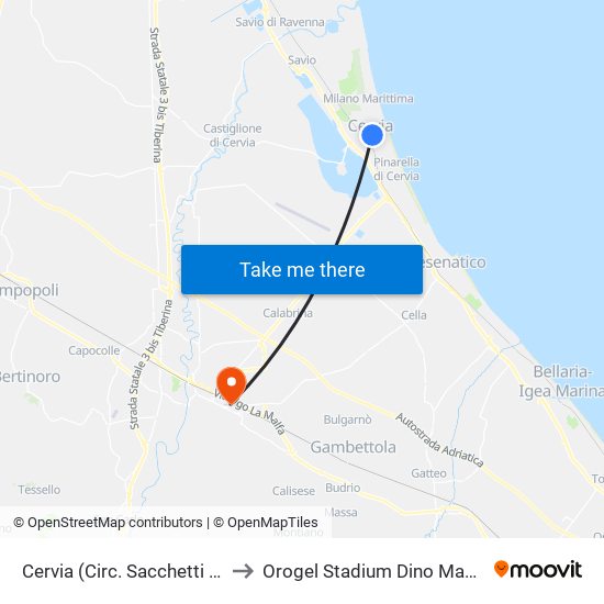 Cervia (Circ. Sacchetti Est) to Orogel Stadium Dino Manuzzi map