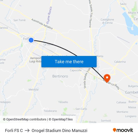 Forli FS C to Orogel Stadium Dino Manuzzi map