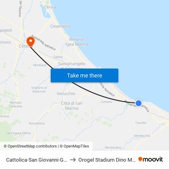 Cattolica-San Giovanni-Gabicce to Orogel Stadium Dino Manuzzi map