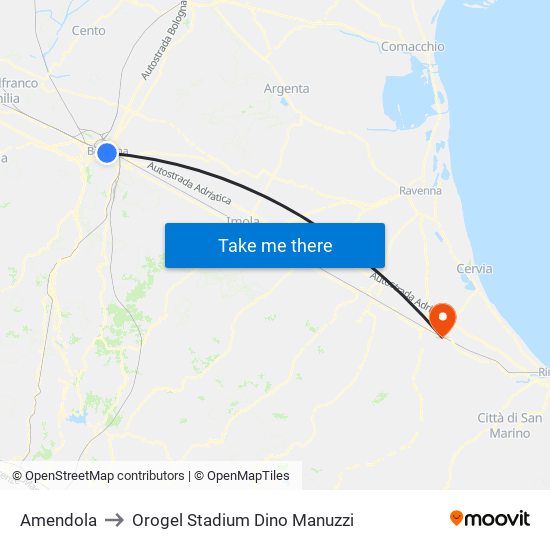 Amendola to Orogel Stadium Dino Manuzzi map