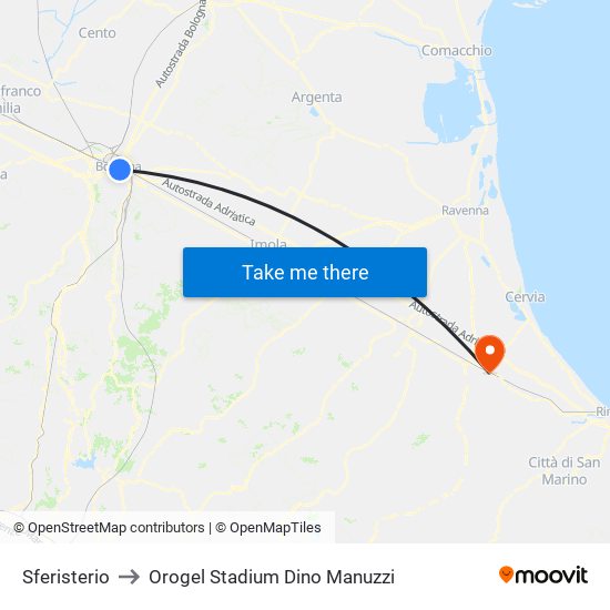 Sferisterio to Orogel Stadium Dino Manuzzi map