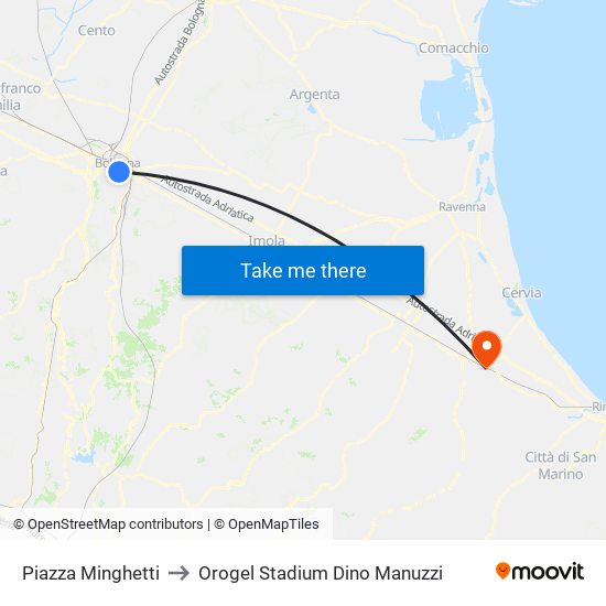 Piazza Minghetti to Orogel Stadium Dino Manuzzi map