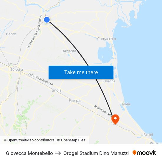 Giovecca Montebello to Orogel Stadium Dino Manuzzi map