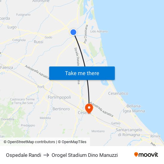 Ospedale Randi to Orogel Stadium Dino Manuzzi map