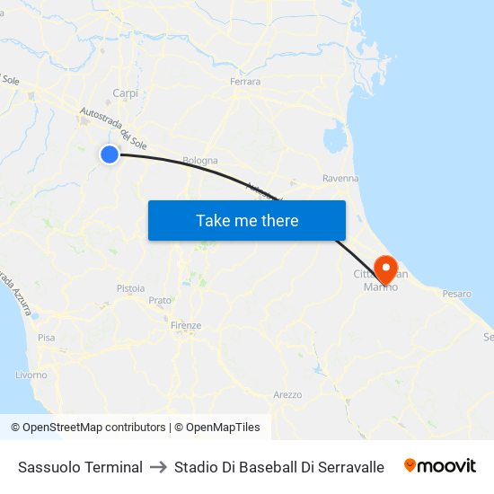 Sassuolo Terminal to Stadio Di Baseball Di Serravalle map