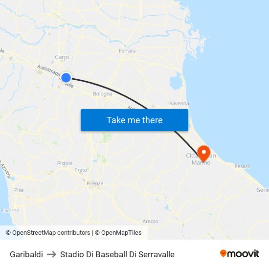 Garibaldi to Stadio Di Baseball Di Serravalle map