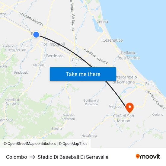 Colombo to Stadio Di Baseball Di Serravalle map