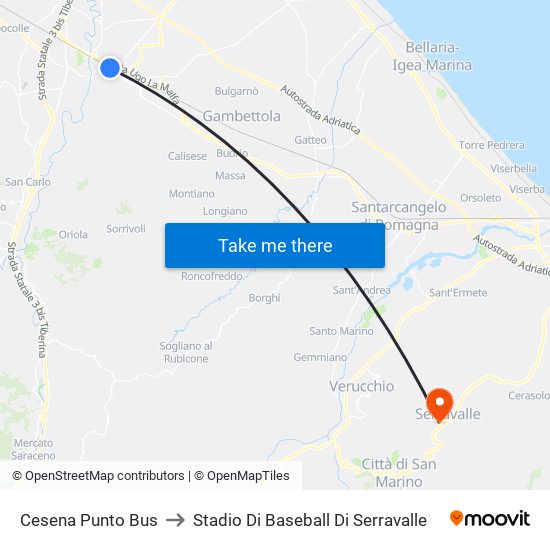 Cesena Punto Bus to Stadio Di Baseball Di Serravalle map