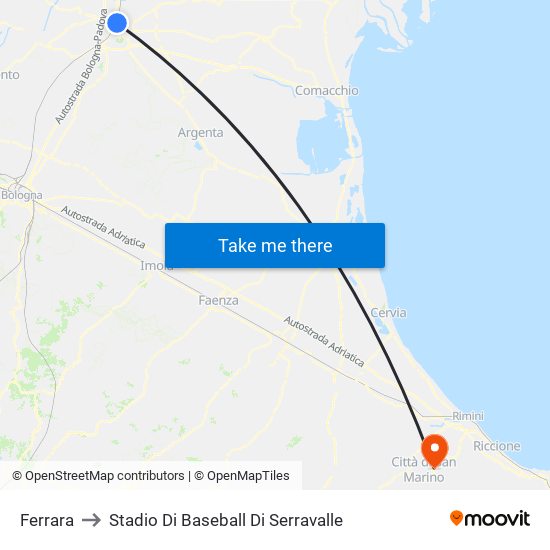 Ferrara to Stadio Di Baseball Di Serravalle map