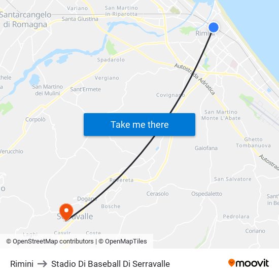 Rimini to Stadio Di Baseball Di Serravalle map