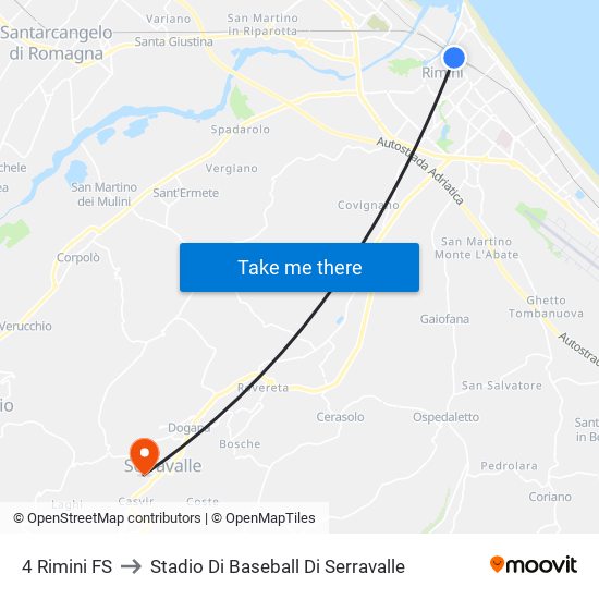 4 Rimini FS to Stadio Di Baseball Di Serravalle map