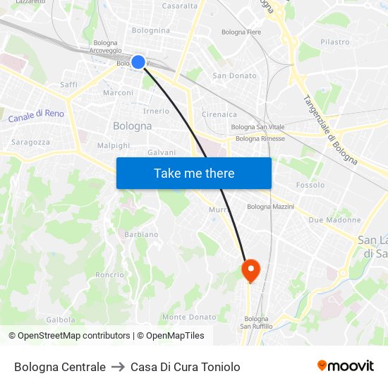 Bologna Centrale to Casa Di Cura Toniolo map