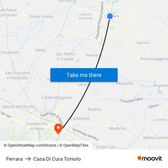 Ferrara to Casa Di Cura Toniolo map