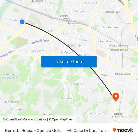 Berretta Rossa - Opificio Golinelli to Casa Di Cura Toniolo map