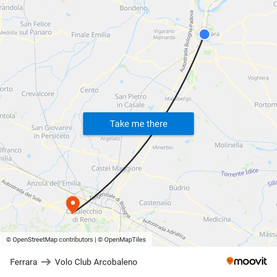 Ferrara to Volo Club Arcobaleno map