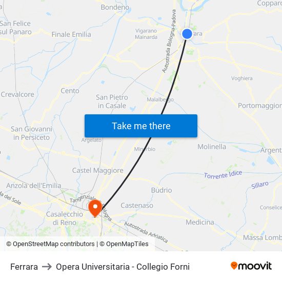 Ferrara to Opera Universitaria - Collegio Forni map