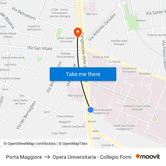 Porta Maggiore to Opera Universitaria - Collegio Forni map