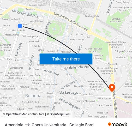 Amendola to Opera Universitaria - Collegio Forni map