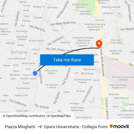 Piazza Minghetti to Opera Universitaria - Collegio Forni map