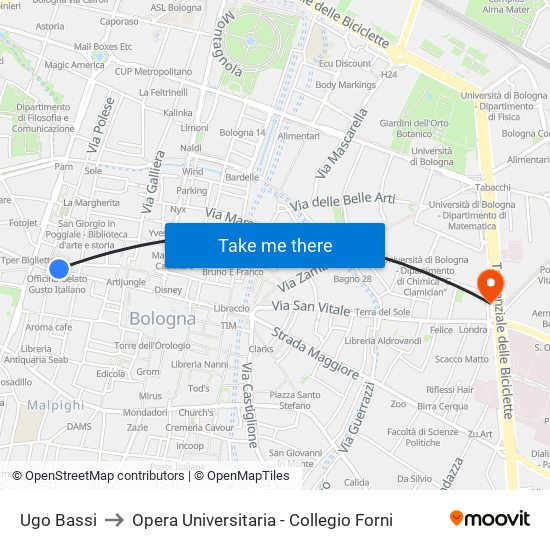 Ugo Bassi to Opera Universitaria - Collegio Forni map