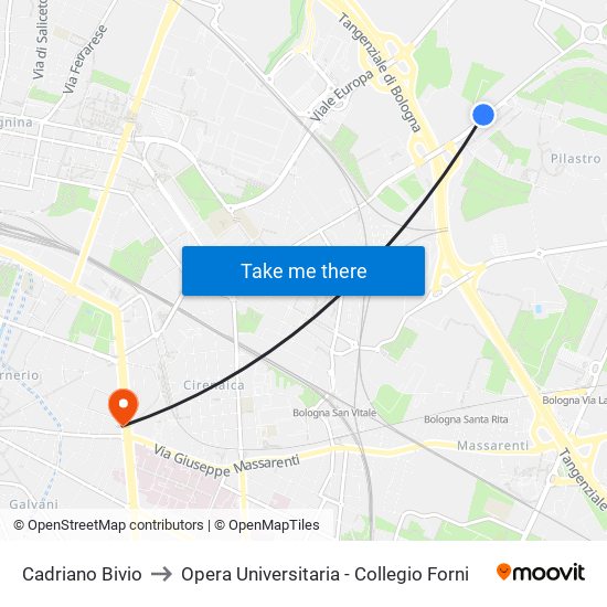 Cadriano Bivio to Opera Universitaria - Collegio Forni map