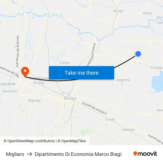 Migliaro to Dipartimento Di Economia Marco Biagi map