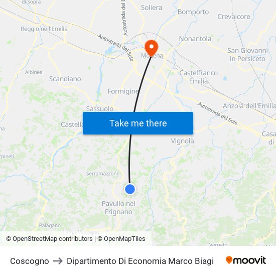 Coscogno to Dipartimento Di Economia Marco Biagi map