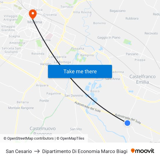 San Cesario to Dipartimento Di Economia Marco Biagi map