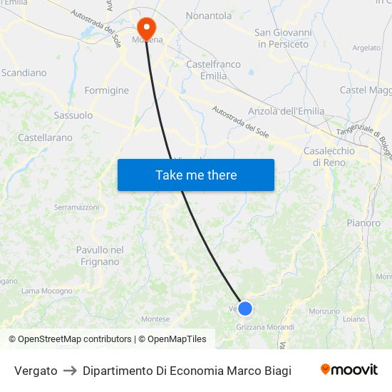 Vergato to Dipartimento Di Economia Marco Biagi map