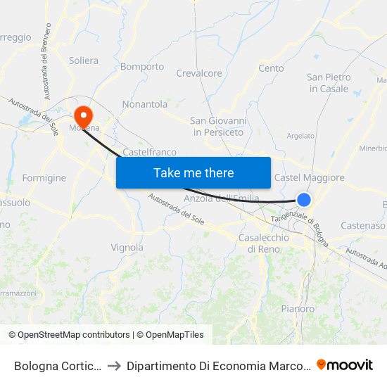 Bologna Corticella to Dipartimento Di Economia Marco Biagi map